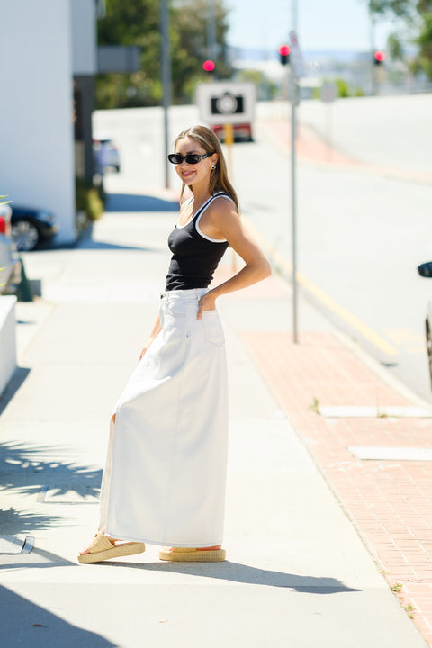 THEO Denim Maxi Skirt - White