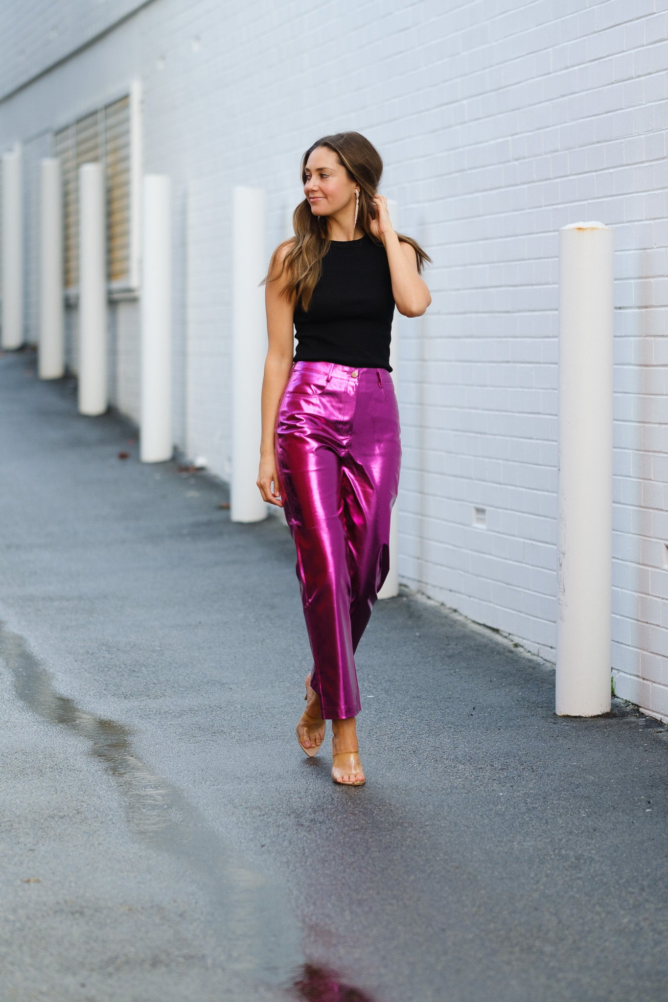 High Waist Straight Leg Trousers In Pink Shiny Metallic | EGO